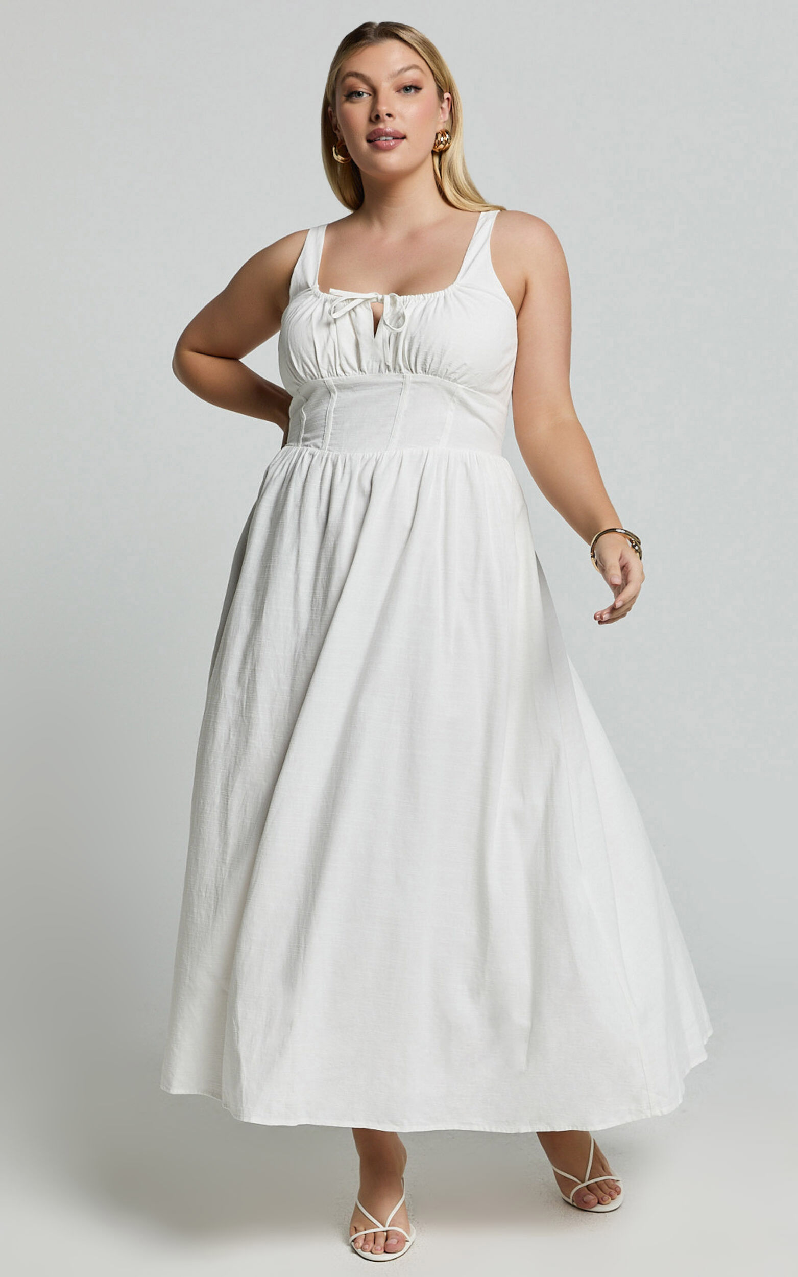 Haylee Midi Dress - Corset Waist Gathered Bust Dress in Ivory | Showpo