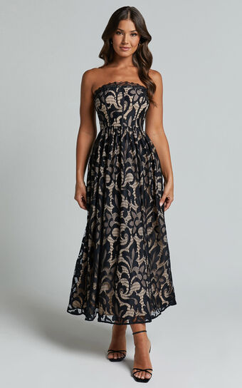 Madeleine Midi Dress - Strapless Lace Scallop Hem Dress in Black