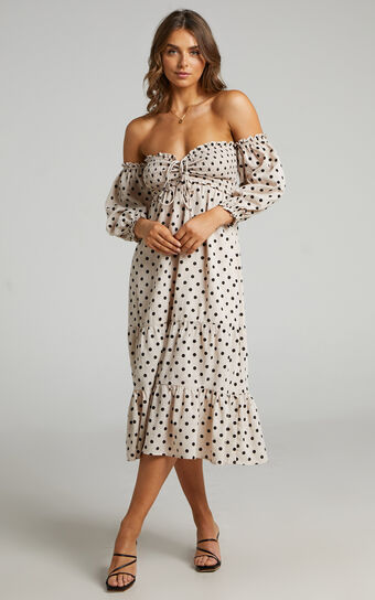 Emmah Midi Dress - Linen Look Off Shoulder Tiered Dress in Beige