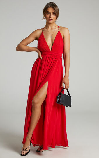 Shes A Delight Midi Dress - Plunge Thigh Split Dress in Red