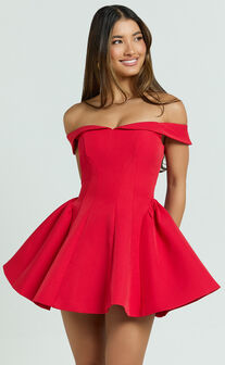 Rosabel Mini Dress - Off Shoulder Fit And Flare Dress in Red