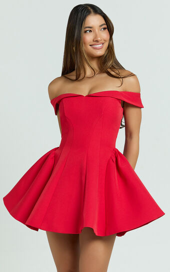 Rosabel Mini Dress - Off Shoulder Fit And Flare Dress in Red