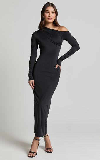Agnes Maxi Dress - Asymmetrical Off Shoulder Dress in Black
