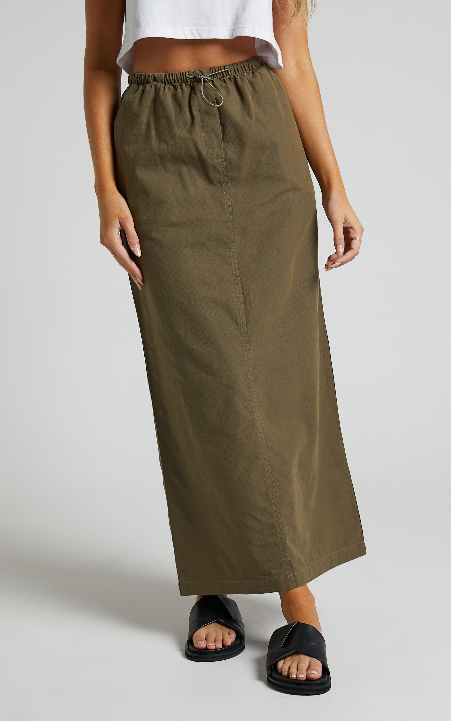 Tia Midi Skirt Drawstring Cargo Skirt in Khaki Showpo USA