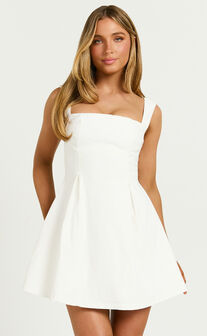 Ida Mini Dress - Wide Strap Straight Neck  Bow Back Dress in White