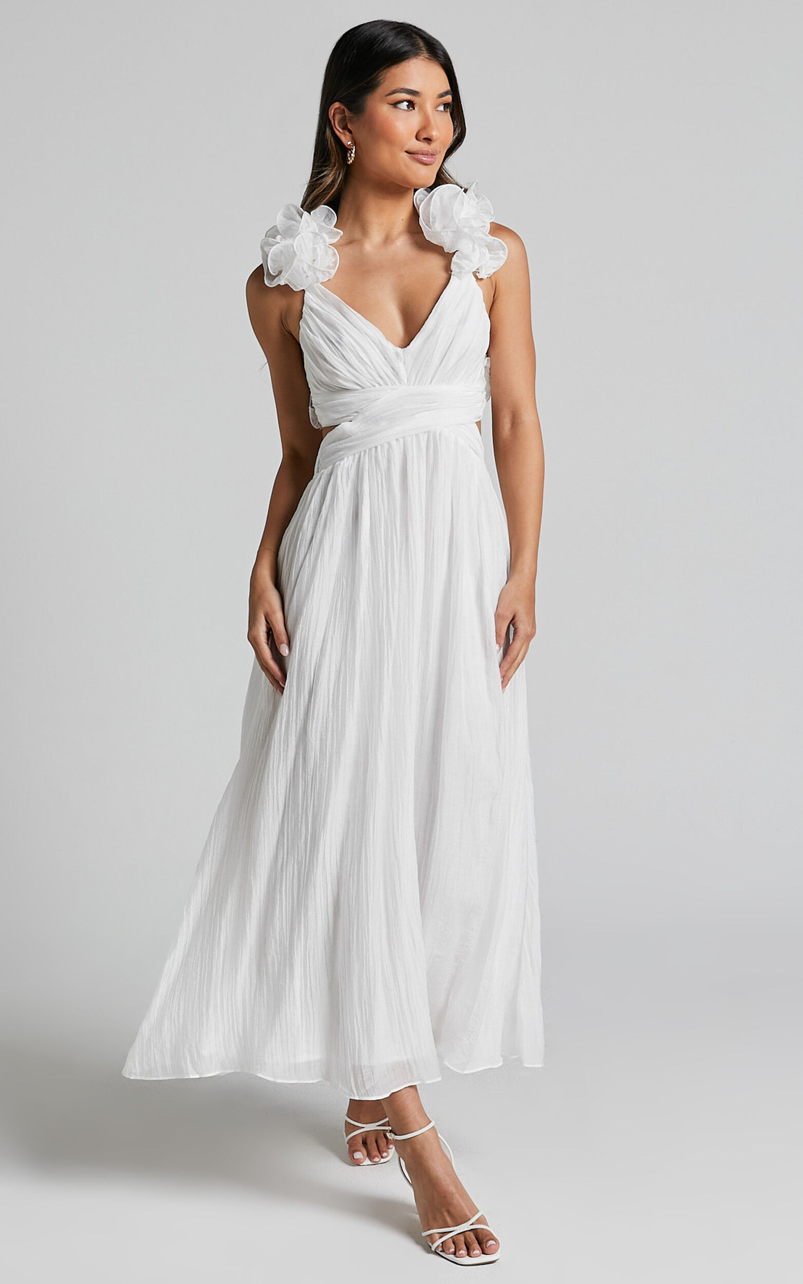Marielly Maxi Dress - Side Cut Out V Neck Ruffle Detail Sleeve Dress in  White