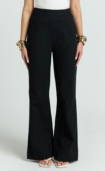 Narcisa Pants - Linen Look High Waist Bootleg Pants in Black