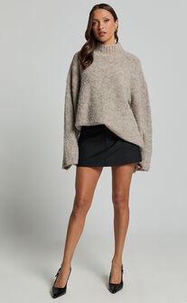 Santi Jumper - Oversized Recycled Knitted High Neck Jumper in Beige Marl
