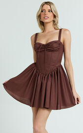 Jonas Mini Dress - Corset Ruched Lace Trim Dress in Chocolate | Showpo USA