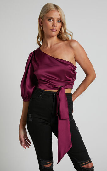Jihyo Top - Tie Waist One Shoulder Puff Sleeve Top in Burgundy