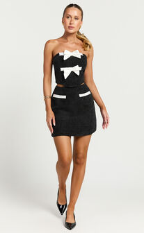 Bettina Two Piece Set - Strapless Boucle Bow Top and Mini Skirt Set in Black