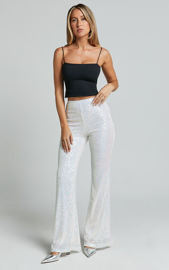 Deliza Pants - Mid Waisted Sequin Flare Pants in Iridescent White