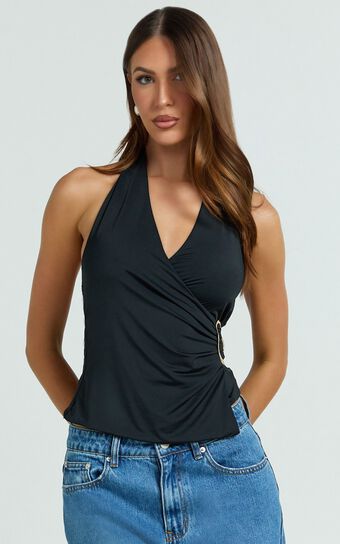Diana Top - Wrap Over Trim Detail Top in Black
