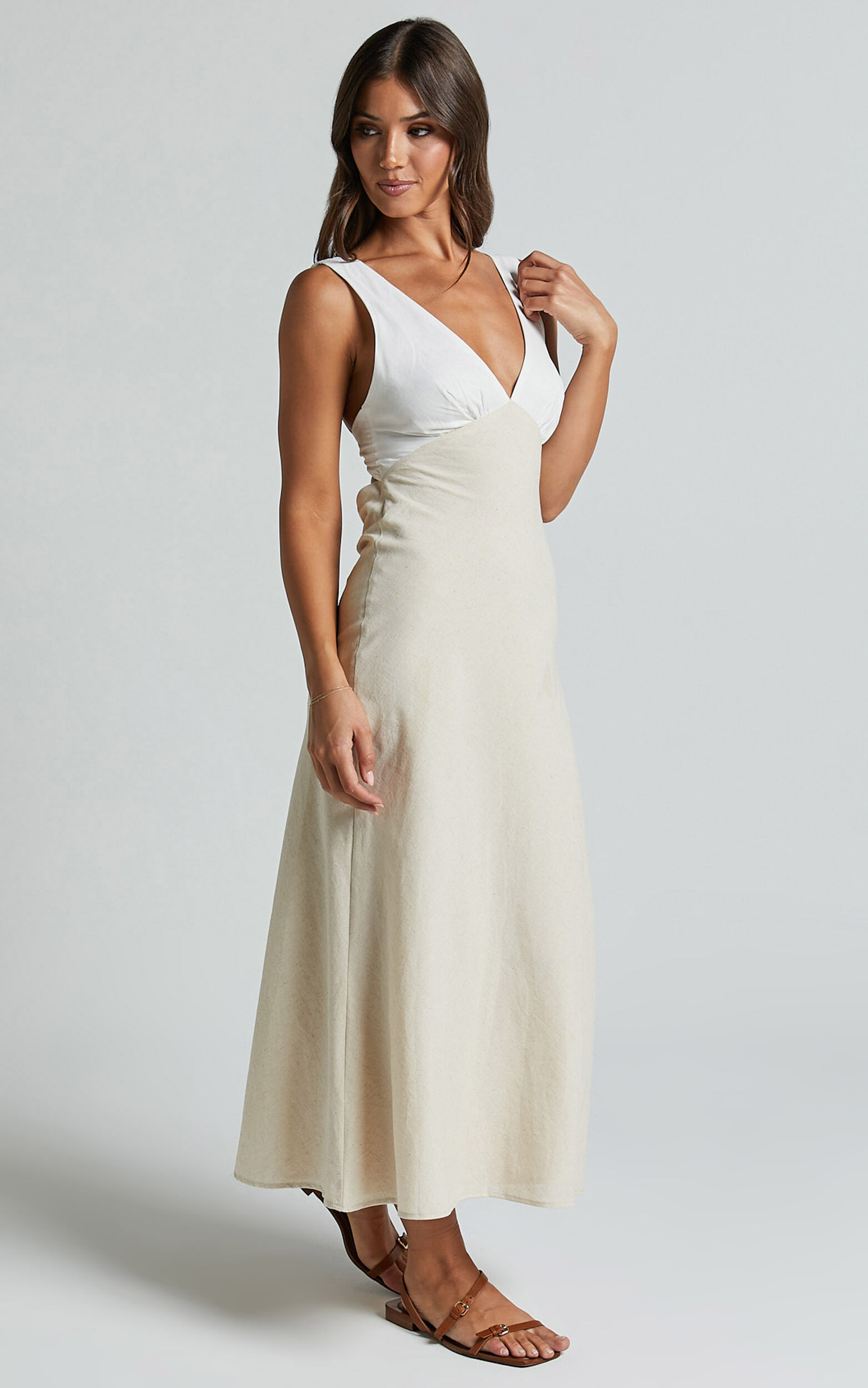 Dovie Midi Dress - Linen V Neck Low Back Cut Out Flare Dress in Beige and White | Showpo USA