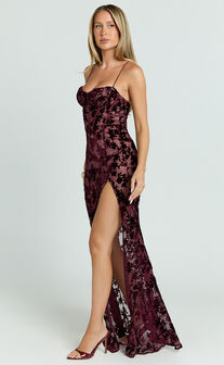 Violeta Maxi Dress - Corset Front Burnout Dress in Wine