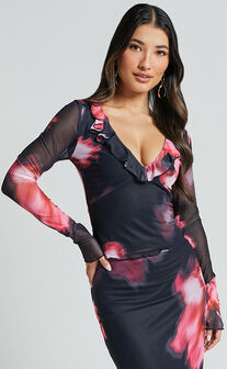 Chrishelle Top - Long Sleeve Frill Detail Mesh Top in Daze Print