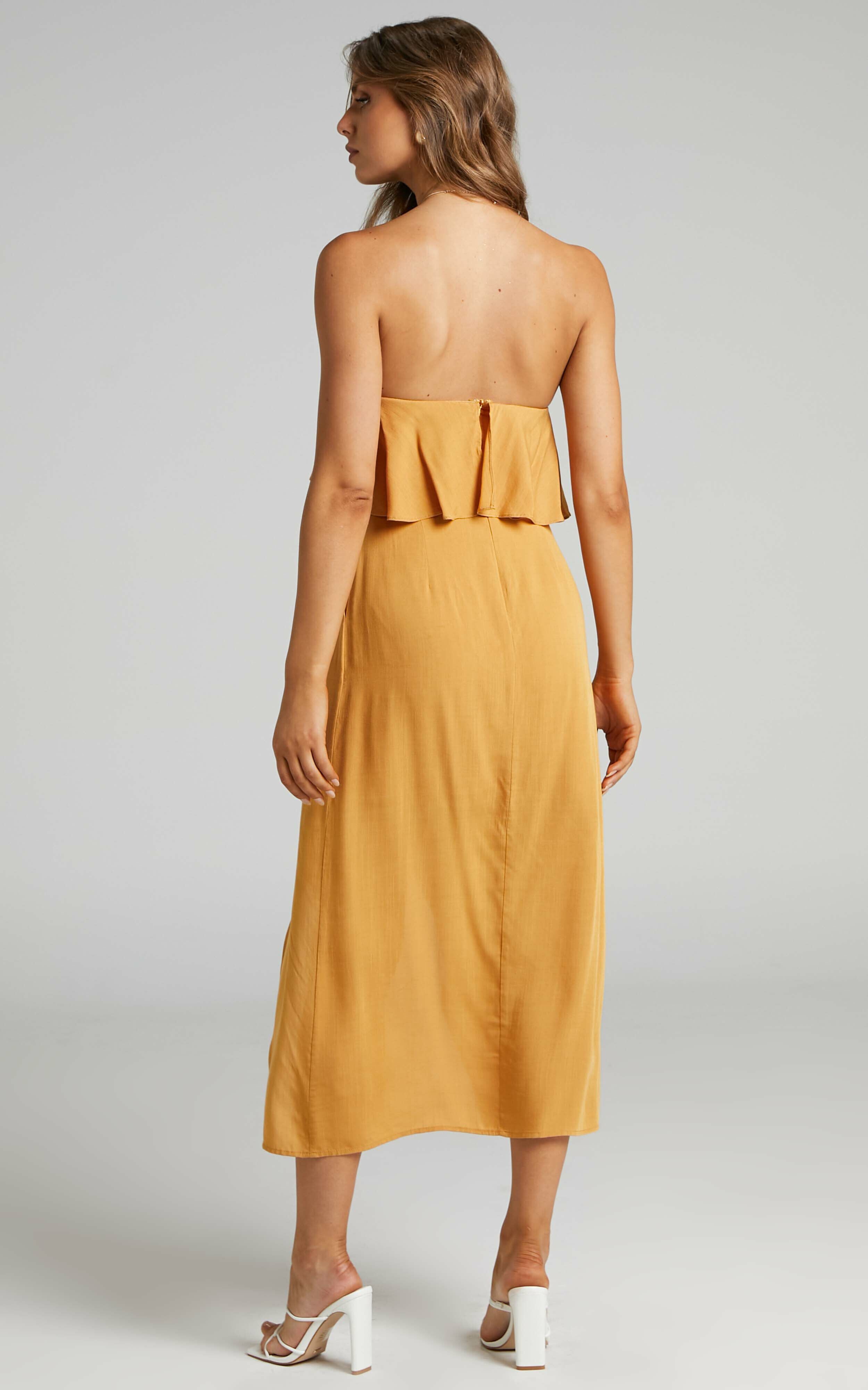 Lulu Strapless Midi Wrap Dress in Mustard Showpo