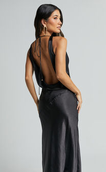 Adilah Maxi Dress - Cowl Neck Satin Dress in Black