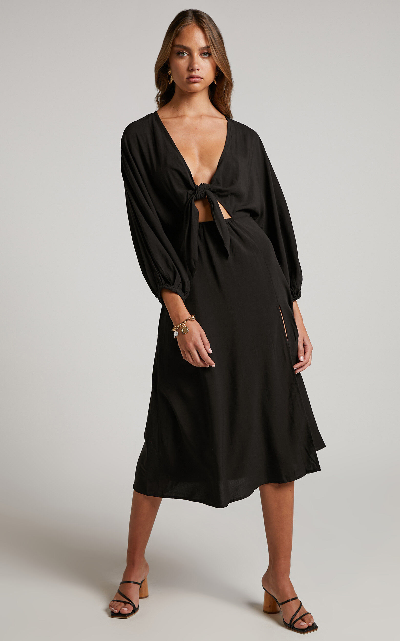 Tyricia Midi Dress Long Sleeve Tie Front Cut Out Dress in Black