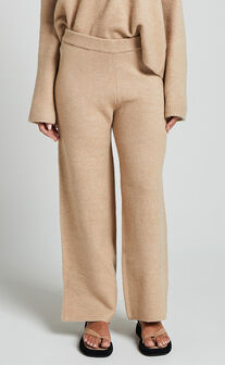 Livia Pants - Knitted High Waisted Side Split Pants in Beige Marl