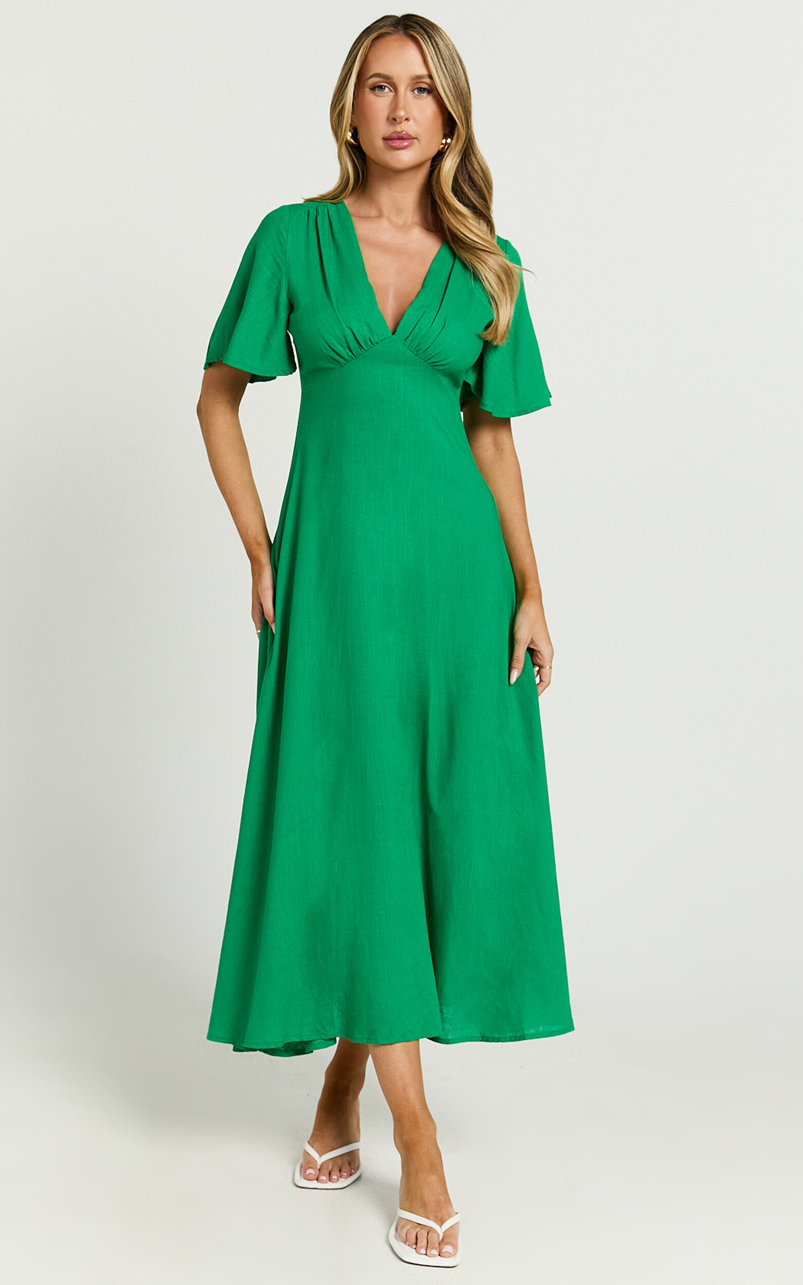 Dakota Midi Dress Linen Look Flutter Sleeve A Line Dress in Green