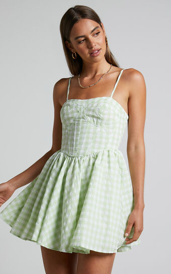Madelyn Mini Dress - Fit and Flare Corset Dress in Mint Green Gingham