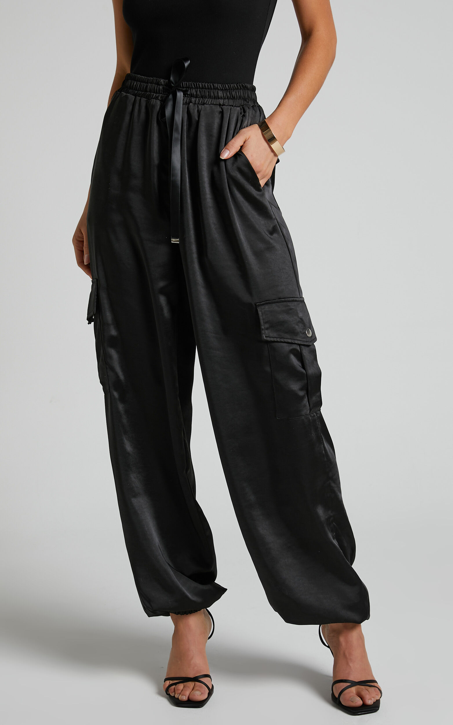 Saori Pants - Mid Rise Satin Cargo Pants in Black