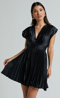Ayienny Mini Dress - Plunge Neck Pleated Dress in Black