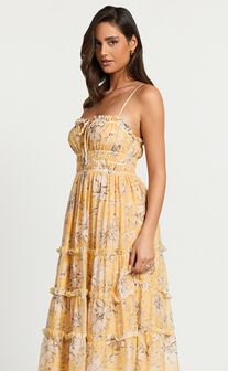 Fran Midi Dress - Ruched Tie Front Tiered Dress in Yellow Floral