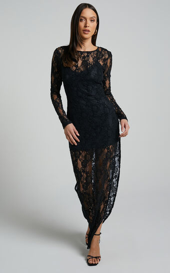 Iroshani Midi Dress - Long Sleeve Lace with Slip Dress in Black