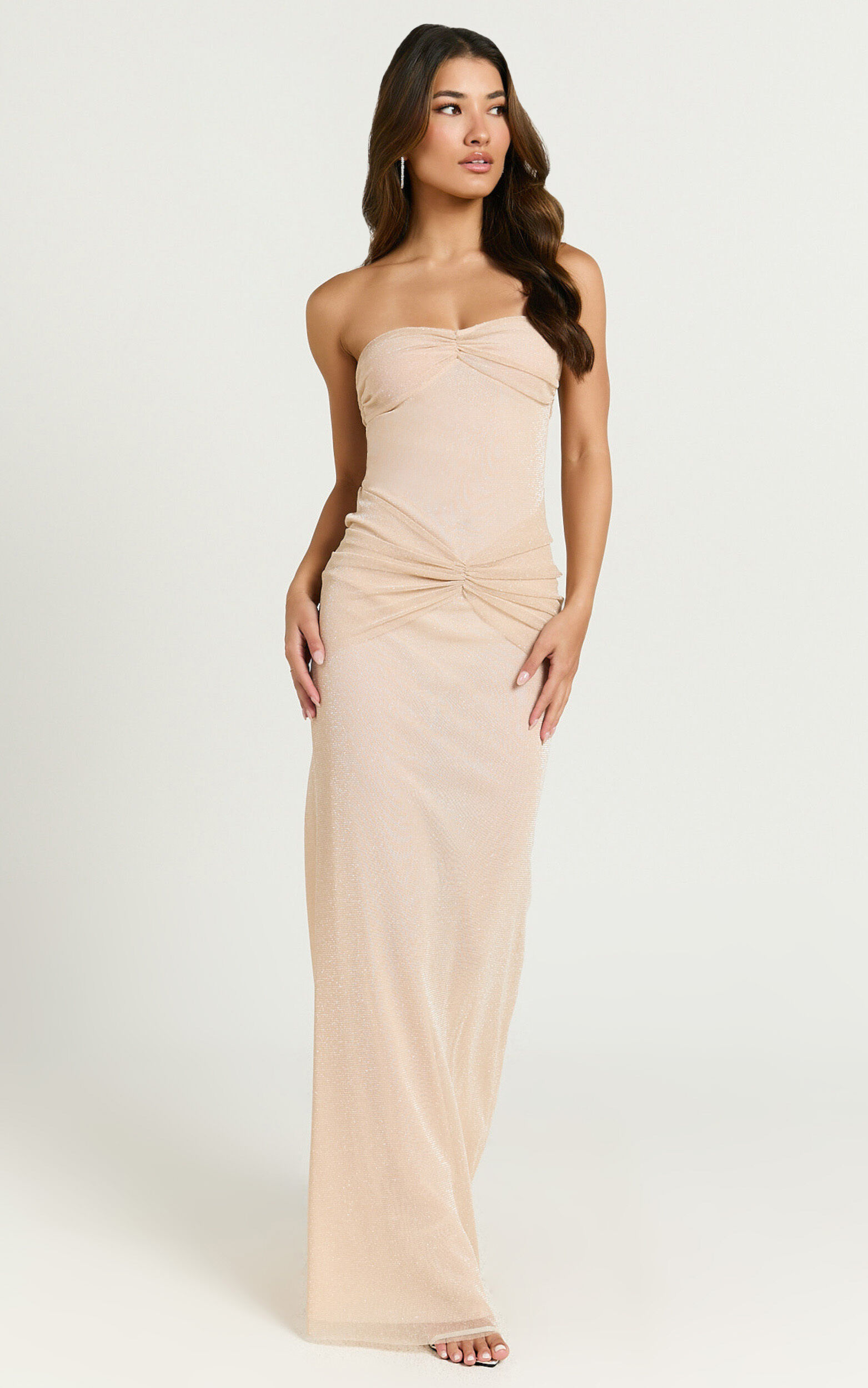Uma Maxi Dress - Glitter Tulle Strapless Ruched Side Dress in Nude | Showpo  USA