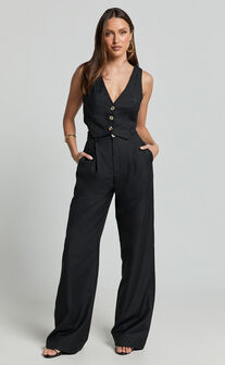 Izara Trousers - Mid Rise Relaxed Straight Leg Tailored Trousers in Black