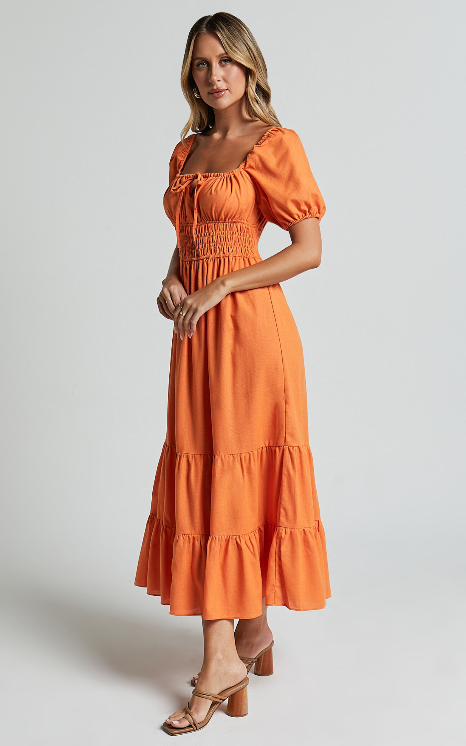Claritza Midi Dress - Linen Look Short Puff Sleeve Square Neck Tiered Dress in Sherbert | Showpo USA
