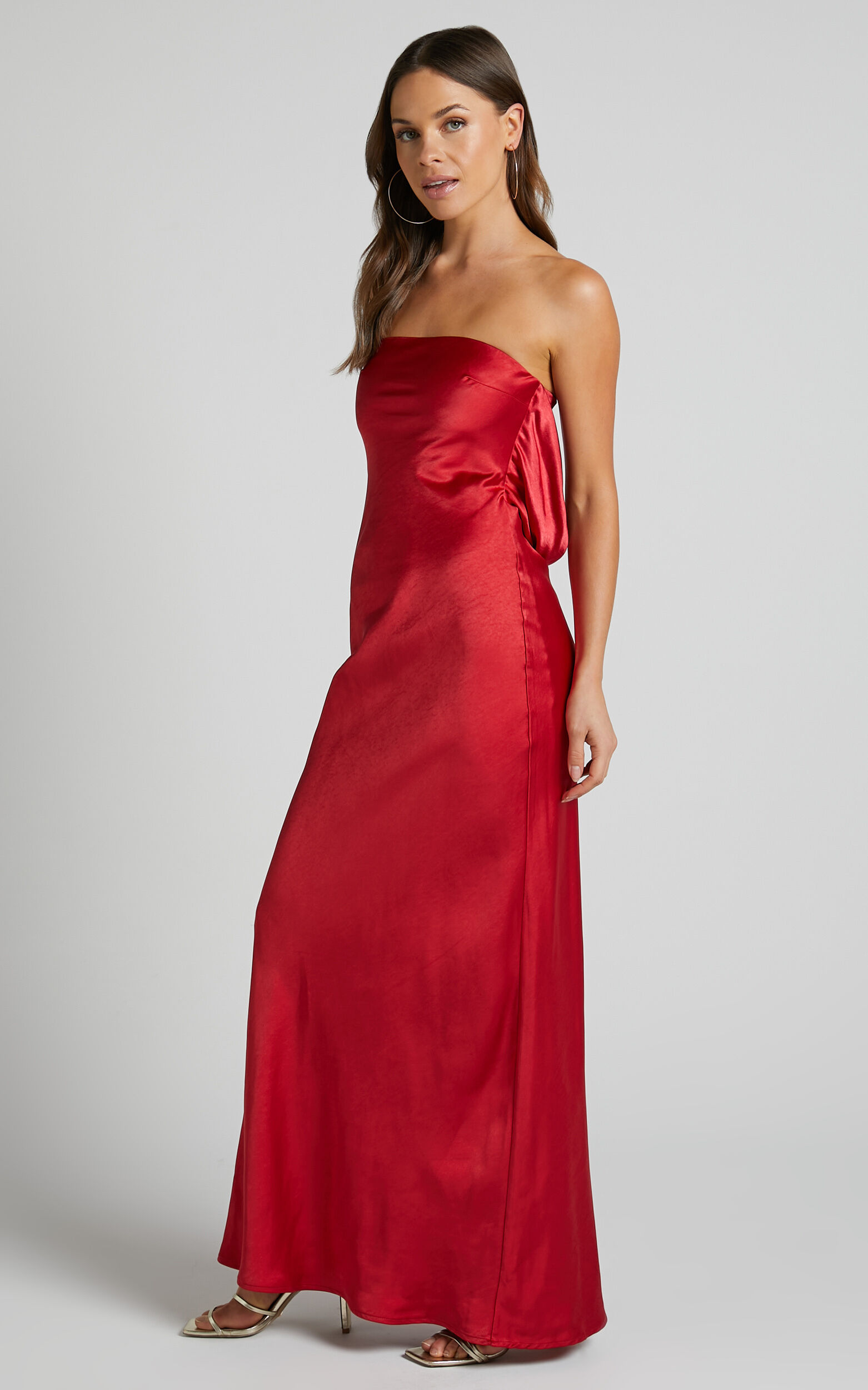 Charlita Maxi Dress Strapless Cowl Back Satin Dress in Cherry Red