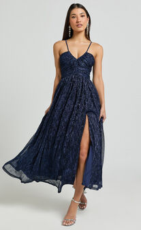 Sara Midi Dress - Ruched Bodice Lurex Dress in Navy