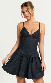 Betchie Mini Dress - V - Neck Strappy Drop Waist Gathered Skirt Denim Dress in Dark Raw Denim