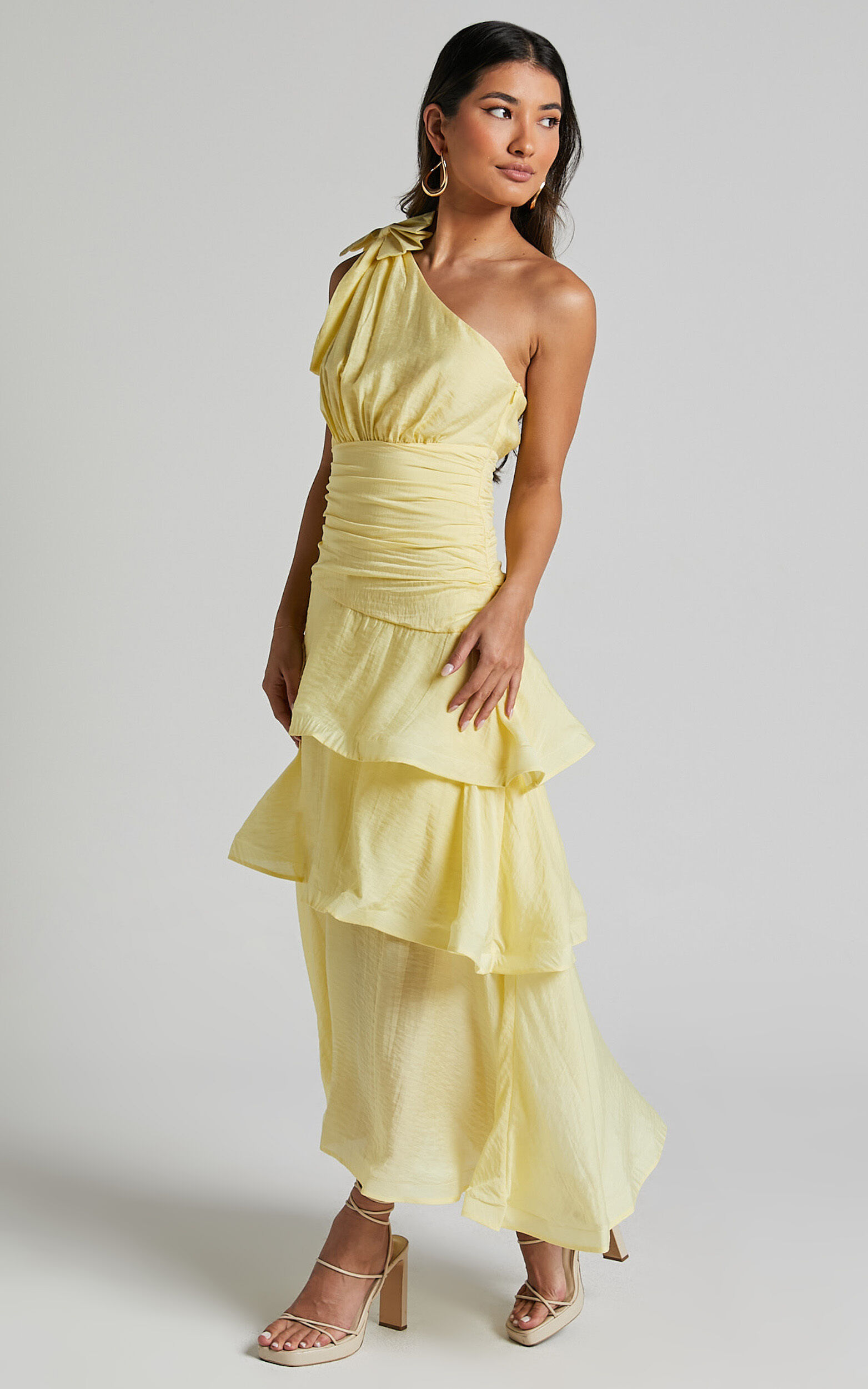 Eugenia Midi Dress - One Shoulder Fit and Flare Layered Dress in Yellow ...