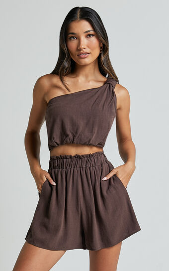 Raylene Two Piece Set - Linen Knotted One Shoulder Top and Paper Bag Waist Shorts in Tobacco