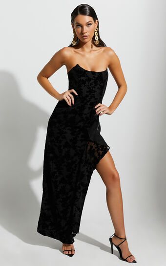 Arisa Midi Dress - Strapless Velvet Burnout Ruffle Dress in Black