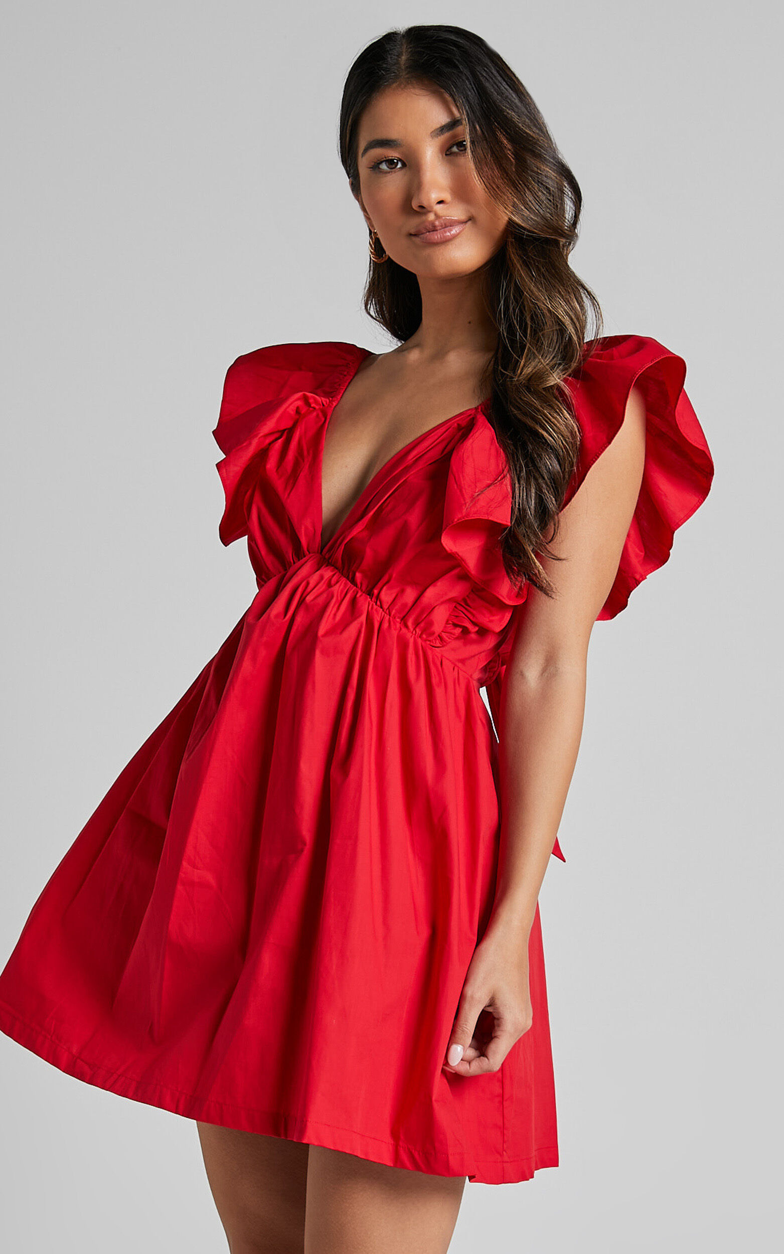 Raiza Mini Dress - Ruffle Sleeve Tie Back Plunge Dress in