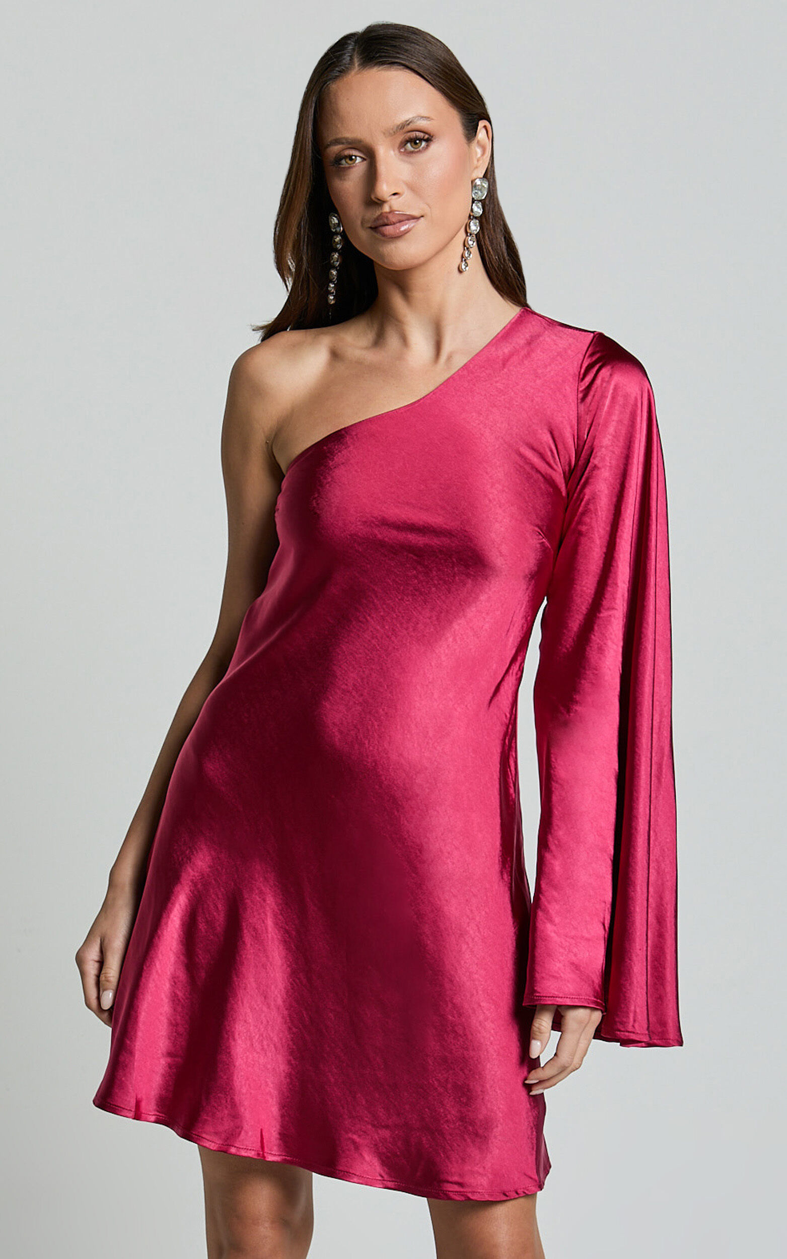 Karla Mini Dress - One Shoulder Long Sleeve Dress in Berry - 06, PNK1