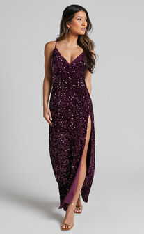 Athens Maxi Dress - V Neck Thigh Slit Sequin Dress in Purple