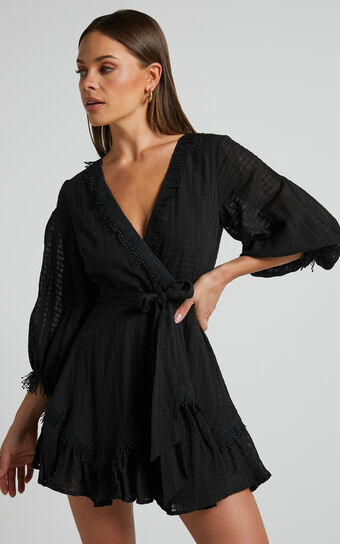 Gawain Mini Dress - Puff Sleeve Textured Frill Detail Dress in Black