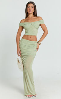 Francine Two Piece Set - Twist Front Top and Mid Waist Gathered Maxi Skirt in Sage