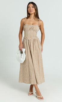 Austin Midi Dress - Straight Neck Gathered Bust Fitted Corset Drop Waist Gathered Skirt Dress in Caramel and White Gingham