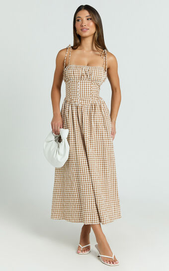 Austin Midi Dress - Straight Neck Gathered Bust Fitted Corset Drop Waist Gathered Skirt Dress in Caramel and White Gingham