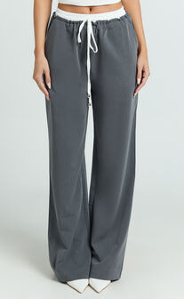 Maliha Pants - Mid Rise Contrast Elasticated Drawstring Wide Leg Tailored Pants in Charcoal