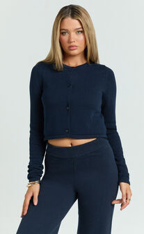Ottie Cardigan - Long Sleeve Button Down Crop Knit Cardigan in Navy