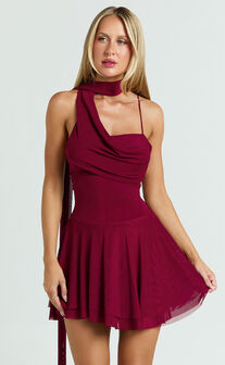 Karla Mini Dress - Asymmetric Tie Neck Fit And Flare Dress in Wine