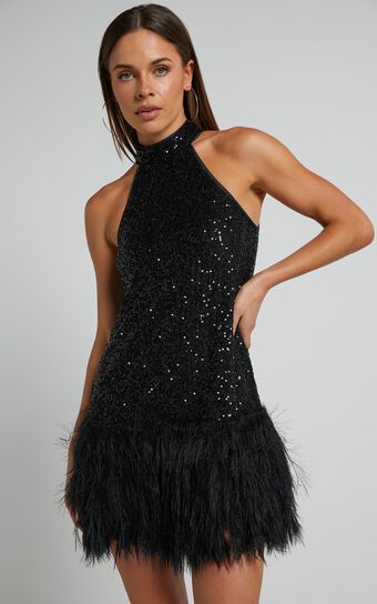 Malisha Mini Dress - High Neck Faux Feather Dress in Black